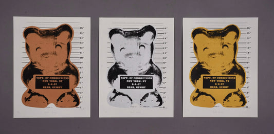 Vandal Gummy Metallic Gold, Silver and Bronze triptych silkscreen by WhIsBe, 12 x 16 inches