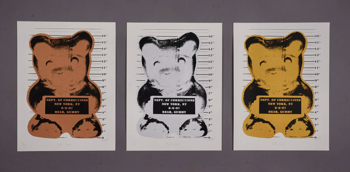 Vandal Gummy Metallic Gold, Silver and Bronze triptych silkscreen by WhIsBe, 22 x 30 inches